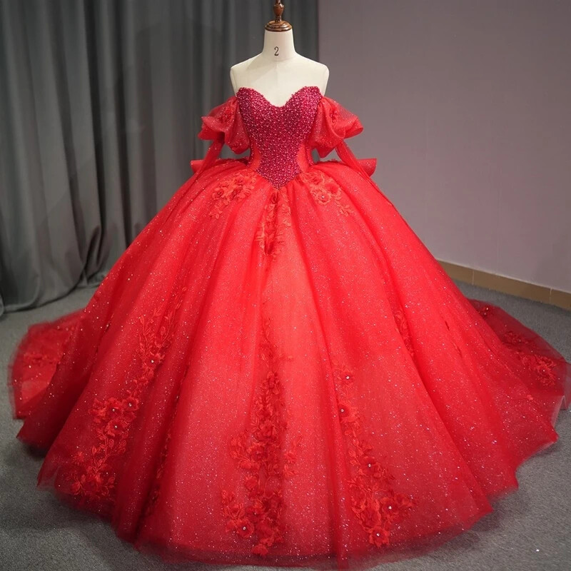 Red Shiny Princess Quinceanera Dresses Beading Applique Lace Ball Gown  Sweet 16