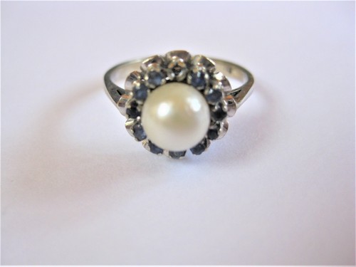 Anillo Oro Blanco 750 con Perla Y Zafiros, 3,49G - Imagen 2 de 3