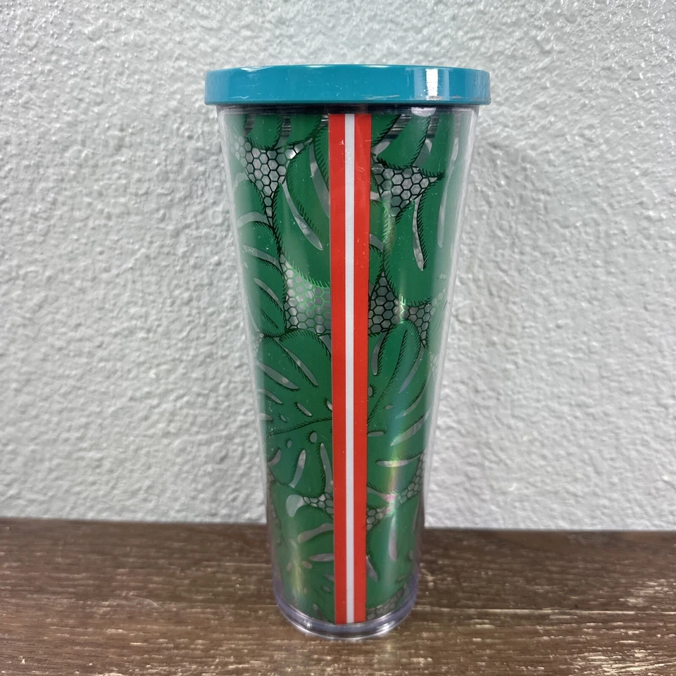 Vaso acrílico taza fría estampado encaje hojas tropicales verdes Starbucks Venti 24 oz Foto 2 de 4