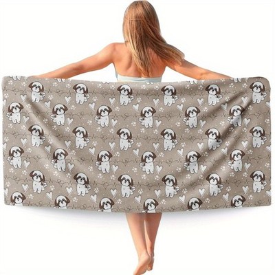 1pc Ultra-Soft Shih Tzu Beach Towel - 27.5x55 Adorable Brown & White Puppy Pat