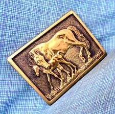Horses Belt Buckle Mare Foal Cowgirl Equestrian Rancher Brass Vtg 80s BTS.GMP408