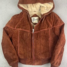 Vintage Bermans Leather Suede Sherpa Lined Jacket Hooded Zip Up Size 14