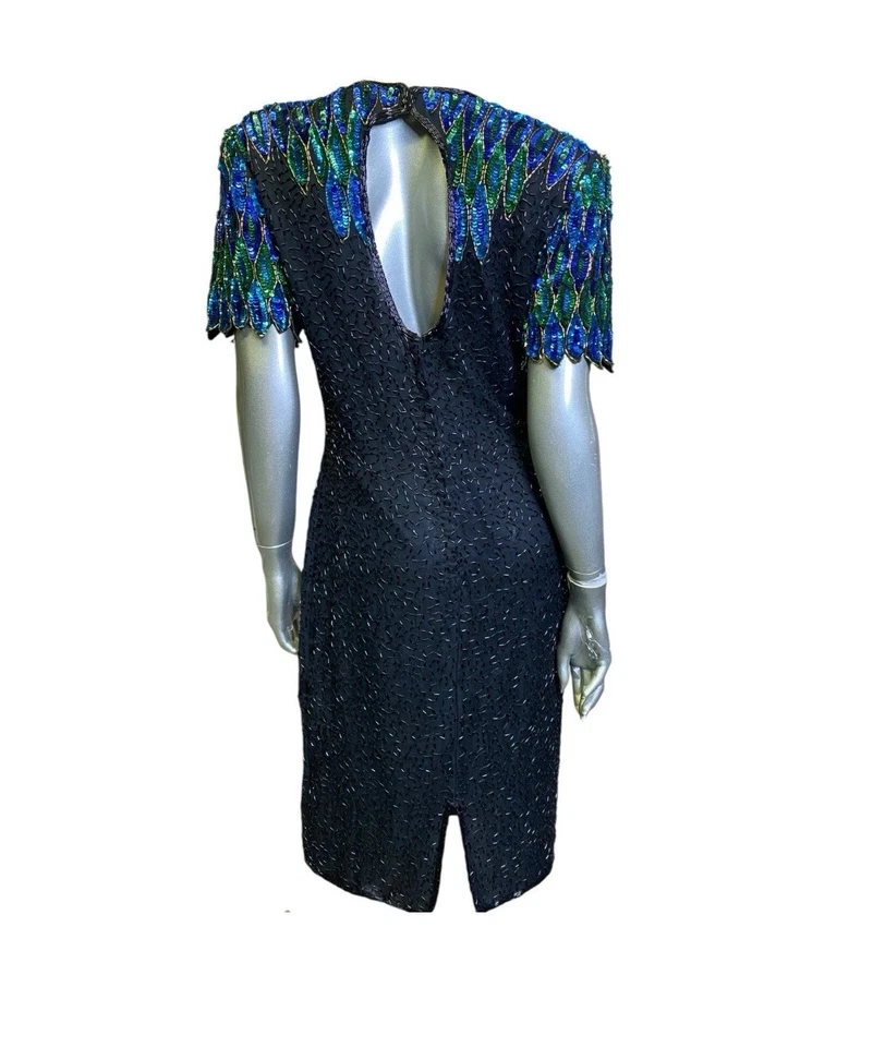 Stenay Vintage Dress 16 Sequins Silk Short Sleeve Beaded Peacock Design Cocktail - Image 3 of 4