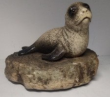 Seal Pup Figurine On a Rock Base Resin Ceramic Composite Hand Painted Signed