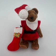 Mini Articulated Santa Bear with Stocking Plush Vintage-Style Ornament Dollhouse