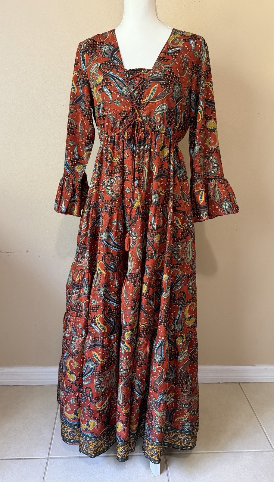 Boemo By Anthropologie Maxi Dress Women’s Large Paisley Boho Long Sleeves