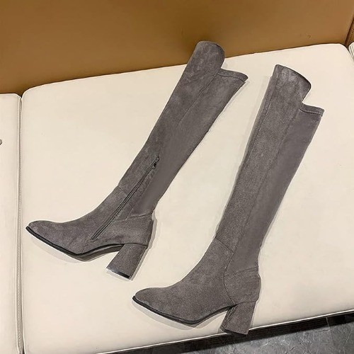 Women's Over the Knee Block Heel Boots Suede Side Zip Stretch Long Shoes
