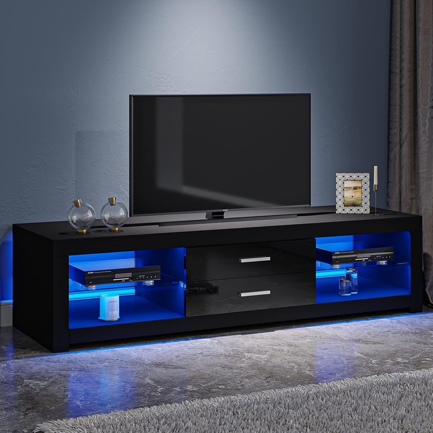TV Unit Black 120cm RGB LED Modern Stand 2 Drawers 2 Glass Shelves 55 Inch TVs