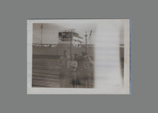 WW2 Era Photo U.S. GIs Posing At Dock With Cargo Ship In Back