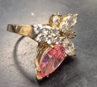 Vintage Farrah Fawcett Gold over 925 Silver Sz 6.5 Pink Ice & CZ Cocktail Ring