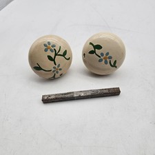 Vintage Hand Painted Porcelain Cabinet Drawer Knobs Floral Blue Flowers Pair w/