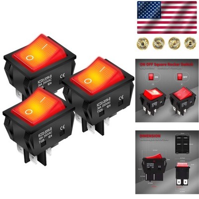 Reliable 30A Rocker Switch with Red Lamp - 120V Heavy-Duty Toggle Switch 3 Pack