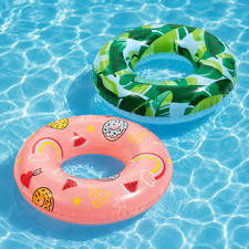 2 Pack Inflatable Swim Rings Pool Floats Tropical Leaf Pink Donut Design
