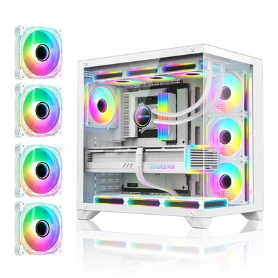 White PC Case with 120mm*4 ARGB Fans Pre-Installed, Full Tower Dual Chamber T...