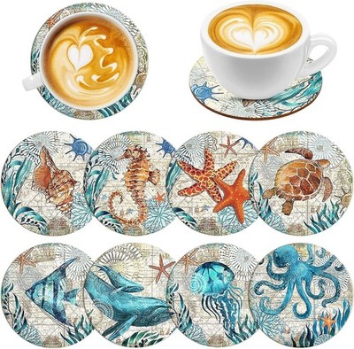 8 Pieces Wooden Coasters For Drinks Coastal Ocean Beach Theme For House Warming