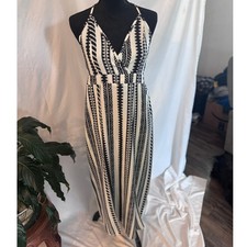 Womens Black White Geometric Tribal Print Halter Maxi Dress Side Slits Size L