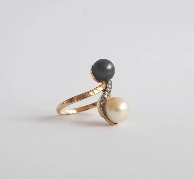 Bague ancienne or jaune 18k - Perles de culture diamants anciens - t 57 - 6.9 gr - Photo 2/4