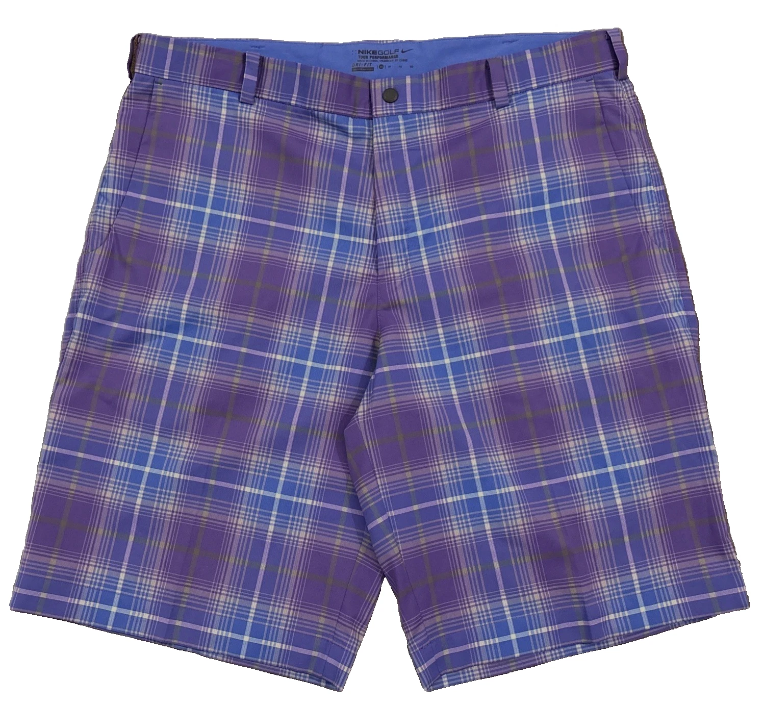 NIKE GOLF DRI-FIT Performance Golf Shorts Purple Plaid Flat Front Men's 36 x 12