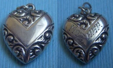 Vintage 2-sided "V" repousse "Mother" puffy heart sterling charm