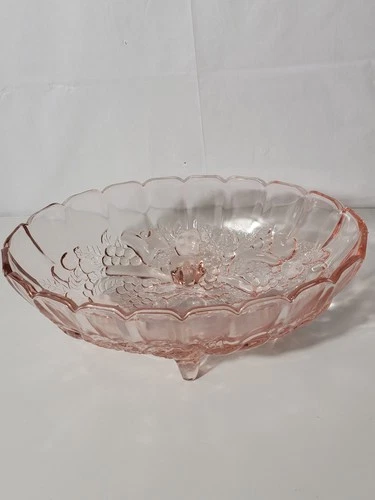 Vintage Glass Pink Depression Large Oval Footed Fruit Bowl Harvest Grape