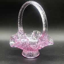 Fenton Art Glass Small Pink Diamond Lace Ruffled Edge Basket 5.75” T X 4.75” W