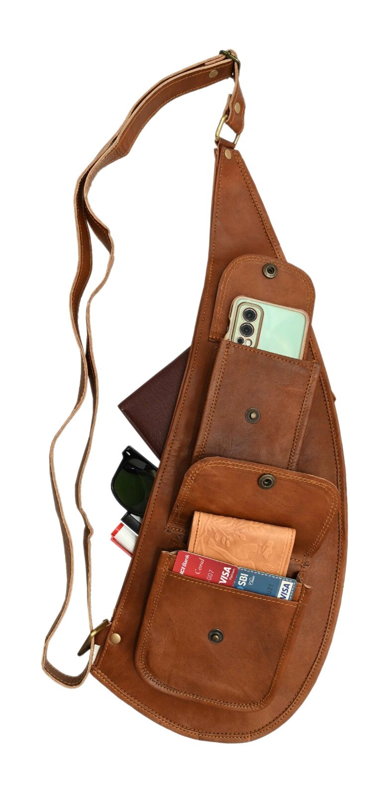 Borsa A Tracolla In Pelle Vintage Fatta A Mano Con Doppie Tasche Anteriori Brown