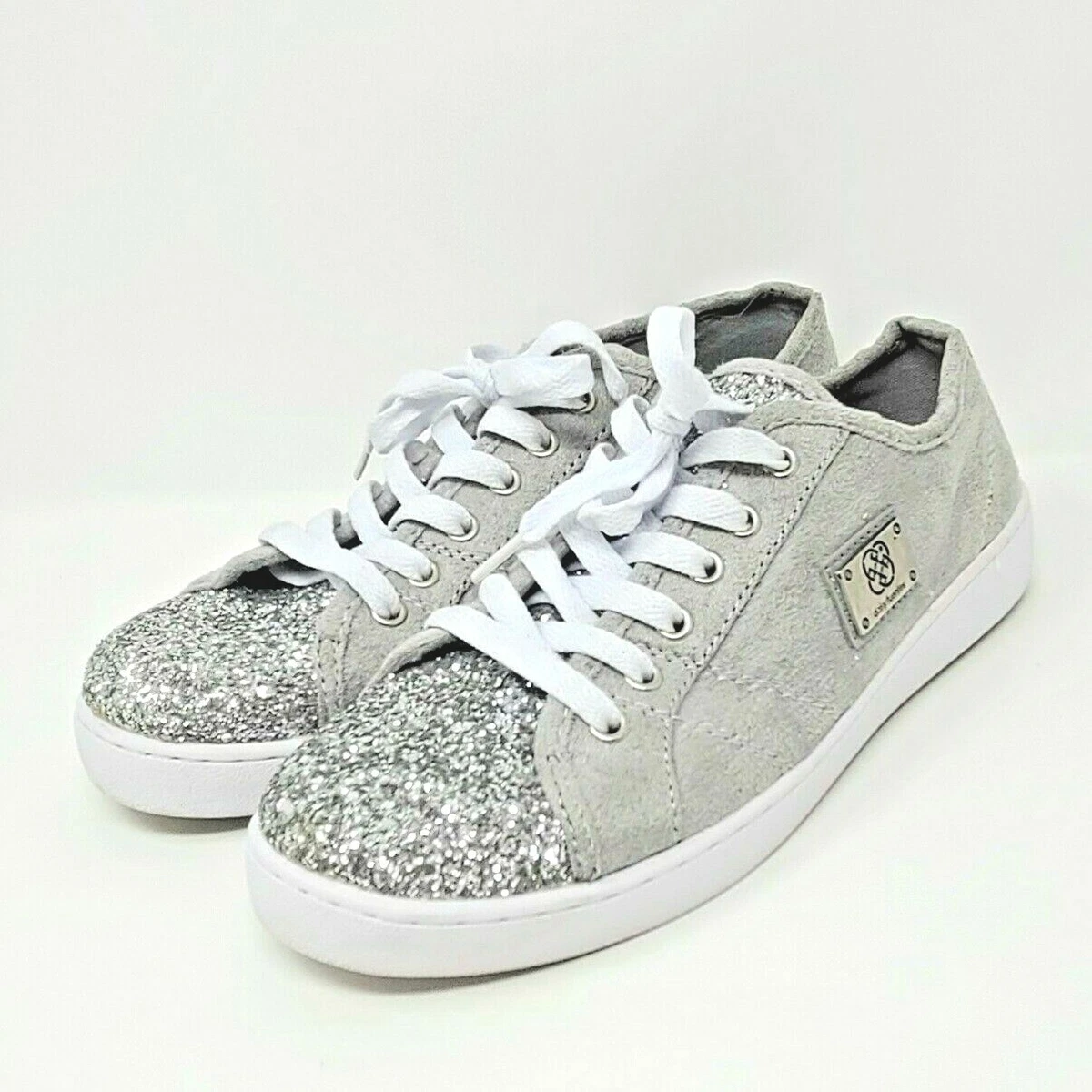 Daisy Fuentes Maggie Grey Silver Sparkle Glitter Lace Up Sneakers