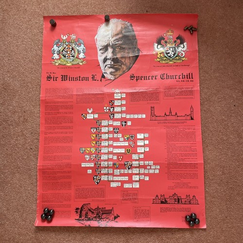 LH - Vintage Sir Winston Churchill Red Poster Family Tree Lineage Arms & Crest