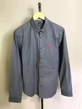 Hugo Boss classic shirt button down dress gray pink designer stretch Sz L