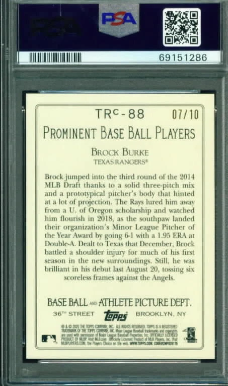 2020 Topps Turkey Red Chrome "Green Refractor BROCK BURKE Rangers rc #7/10 PSA 9 - Image 2 of 2