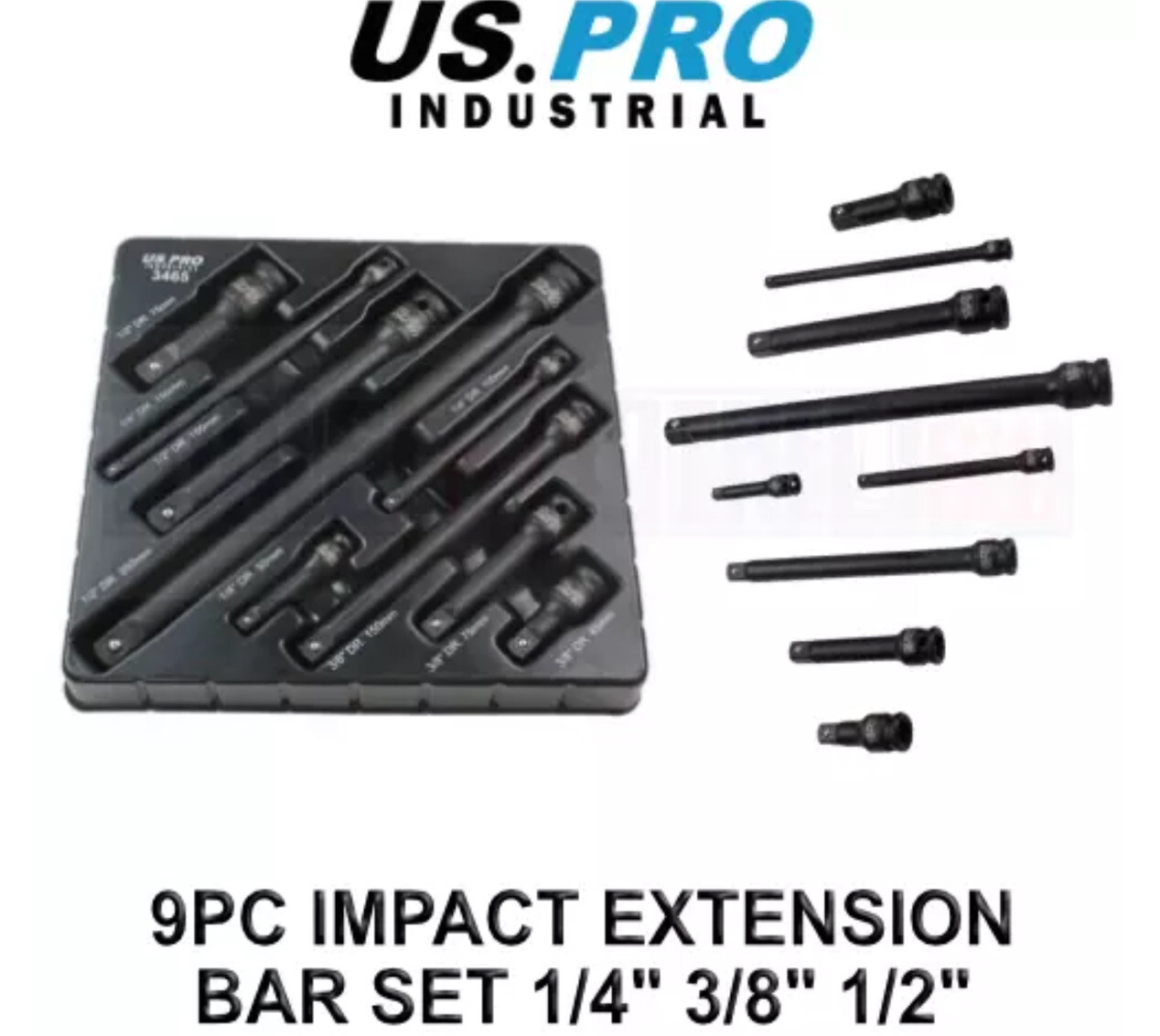 Us Pro Industrial 9Pc Impact Extension Bar Set 1/4", 3/8", 1/2" Drive 3465 - Image 3