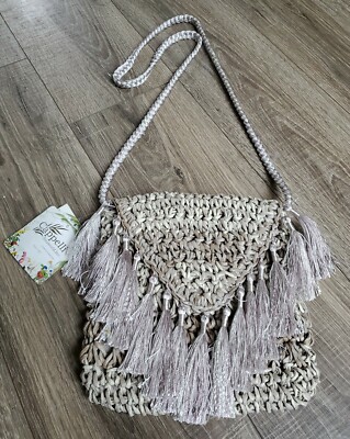 NEW CAPPELLI STRAWORLD HAND MADE NATURAL MATERIALS FRINGE PURSE CROSSBODY  BAG