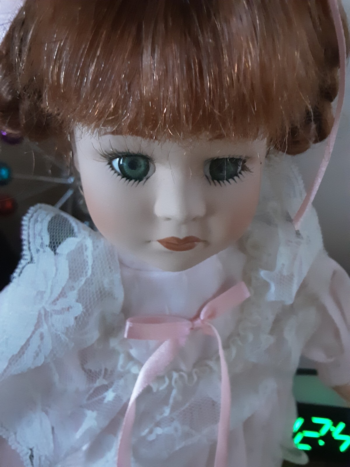 Red Hair  Vintage  Old Fashion  Doll  W / Umprella Braids  Porcelain W/Stand  18