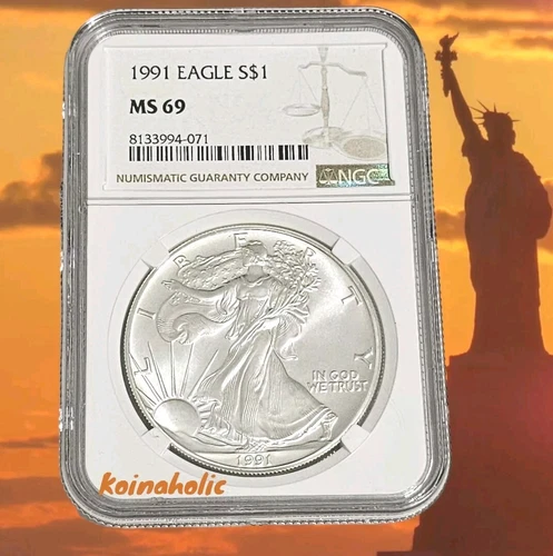 1991 $1 American Silver Eagle, NGC MS69, Bright White & Lustrous,  Eye Appeal 