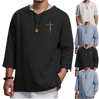 Men's Pullover Cotton Blend  Solid Color Casual Loose Tshirt 