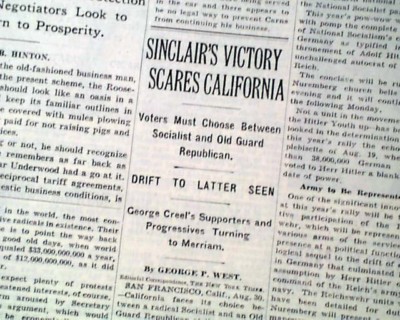 UPTON SINCLAIR Democratic Nomination for Governor of California 1934 Newspaper