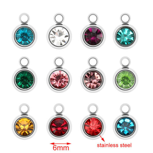 50pcs Silver tone 12 colors Stainless Steel Birthstone Crystal Charms 6mm - Picture 1 of 16