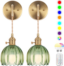 Dimmable Battery Operated Wall Sconce Set with Remote - Vintage Green Glass