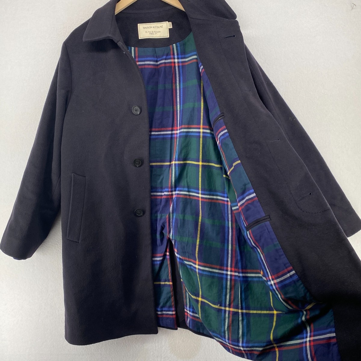 MAISON KITSUNE Coat Mens M Cashmere Overcoat Jacket Plaid Lined