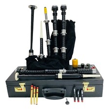 BLACK Scottish Highland Bagpipes Full Silver Mounts With Hard Case  Tutor Book