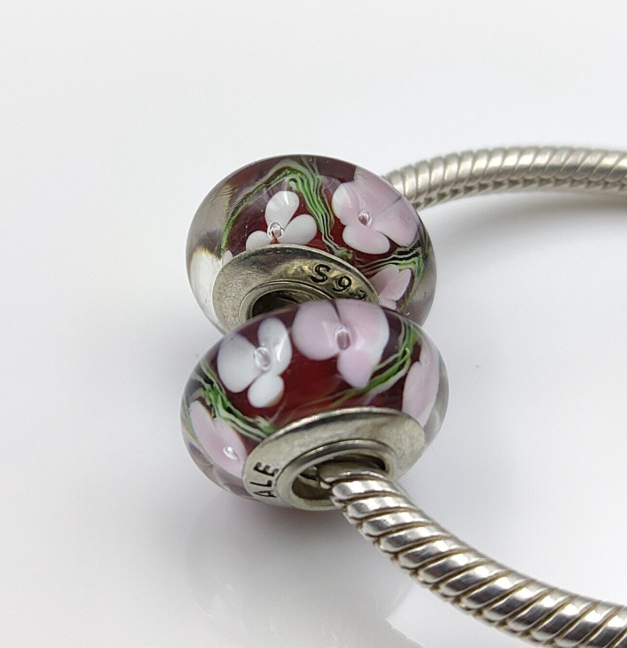 2pcs Genuine 925 Sterling Silver Flower Murano Glass Bead European Charms