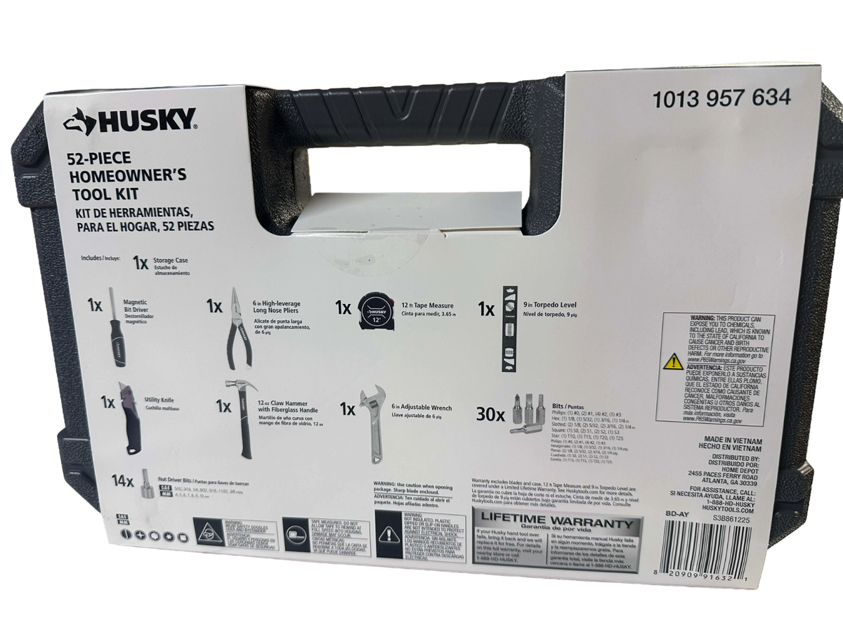 Husky 52pc Homeowner's Tool Kit 1013957634 Lifetime Carrying Case