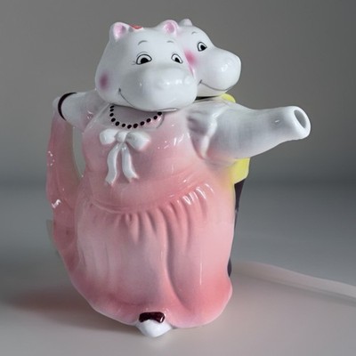 Rare Vintage 1980s Applause Dancing Hippo Couple Teapot Ceramic Pink Yellow