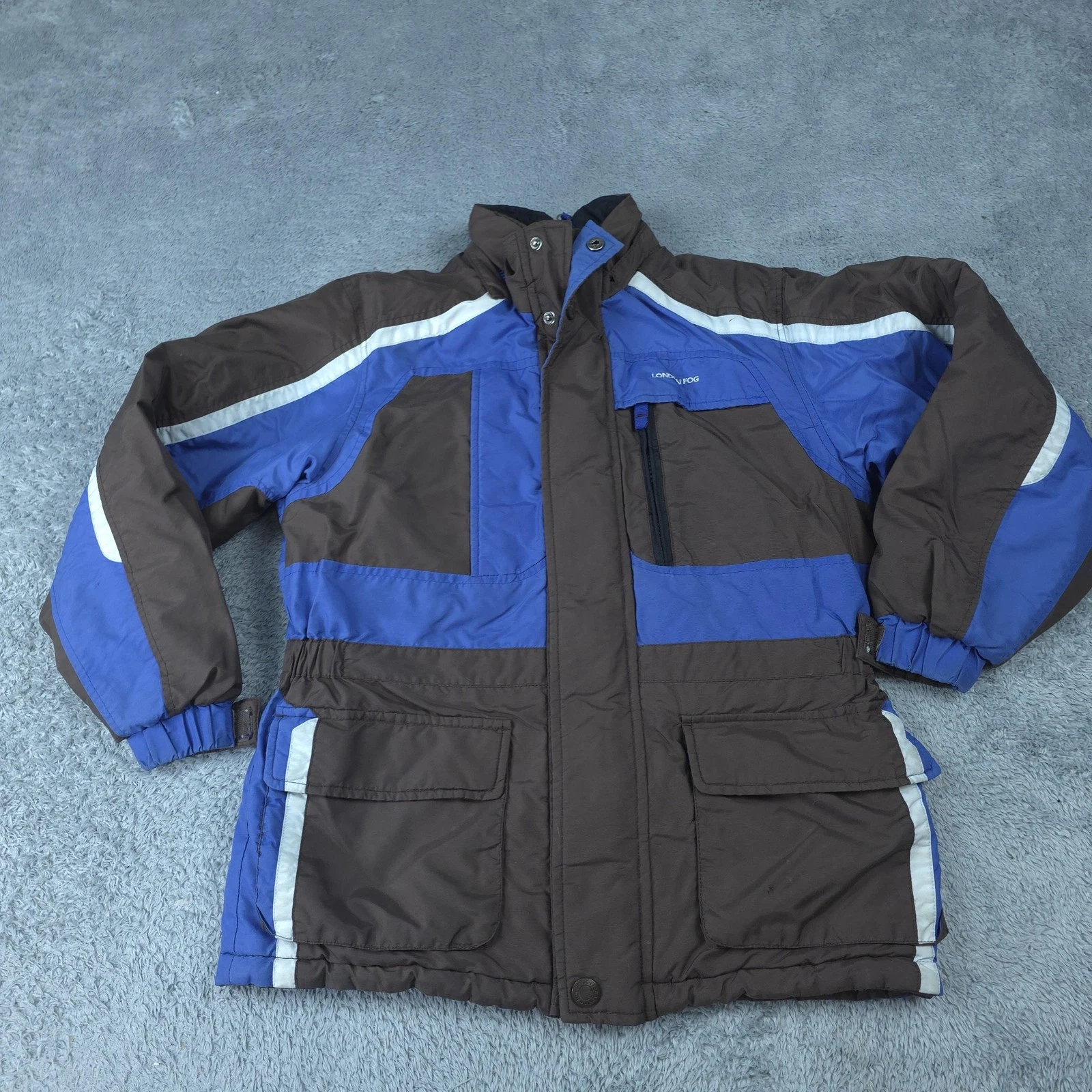London Fog Ski Jacket Boys Medium 10/12 Blue Brown Colorblock Winter Coat