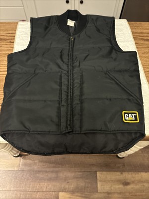 Vtg CAT Black Nylon Zip Up Puffer Vest Workwear Made in USA Size M