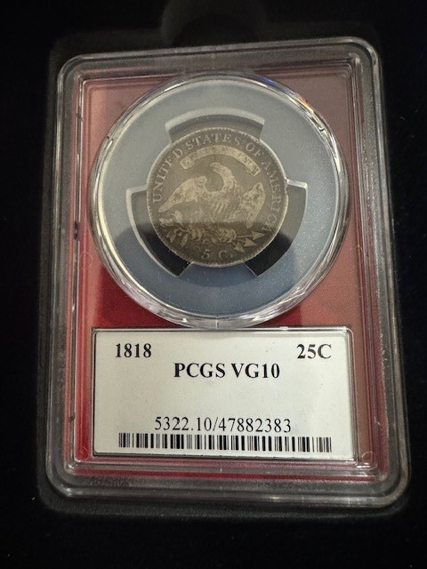1818 25c Bust Silver Quarter - PCGS VG 10 EDC Plug Hit Slabbed 25 Cent