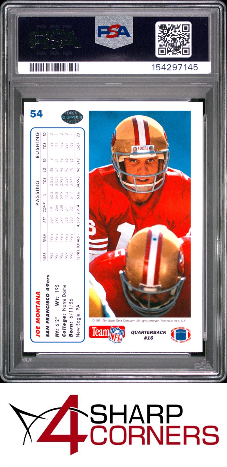 1991 UPPER DECK #54 JOE MONTANA 49ERS HOF PSA 9 view 2