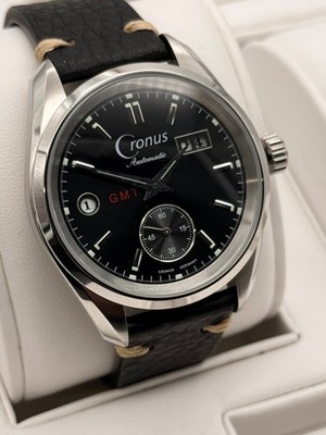 Cronus Automatik Herrenuhr GMT Datum Mechanisch Edelstahl Leder Schwarz
