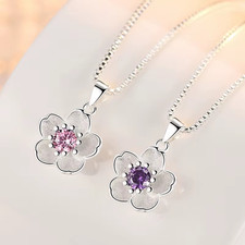 925 silver flower necklace pink  purple  45cm ladies gift