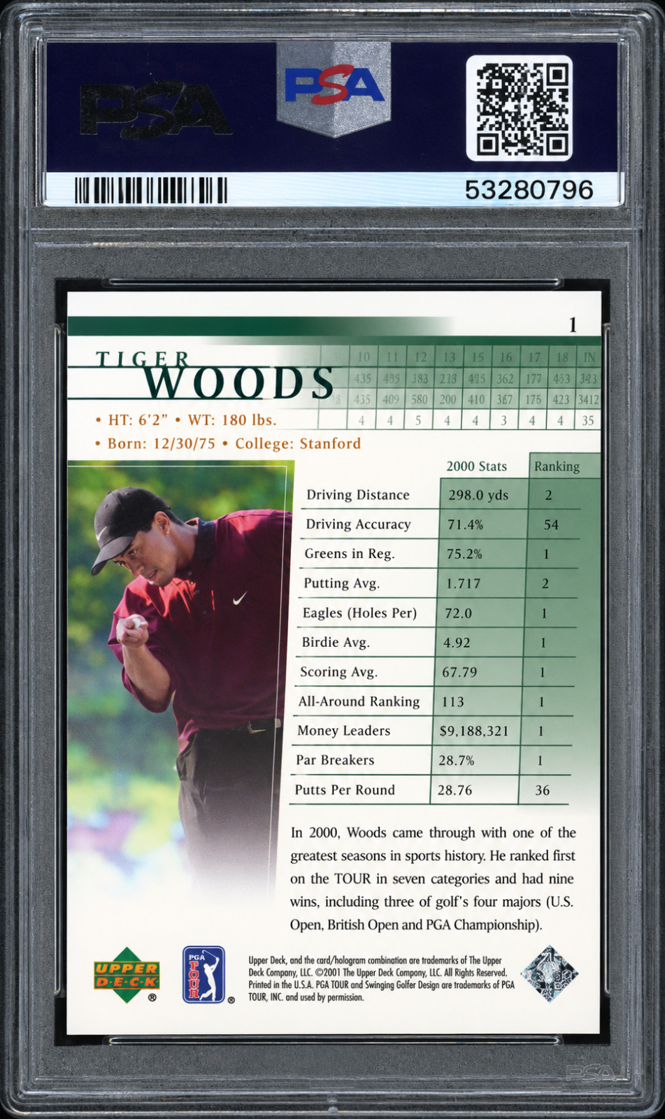 Tiger Woods 2001 Upper Deck Golf #1 Rookie PSA 9-MINT PGA Golf Legend (RC) view 2